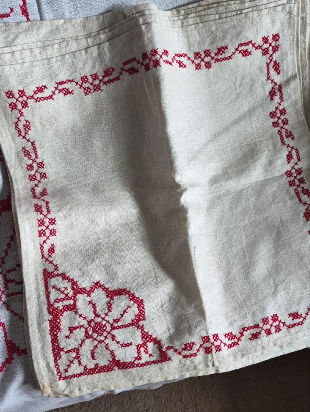 Vintage White Linen Tablecloth with Red Floral Embroidery 12 Matching Napkins